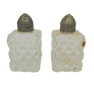 Vintage Cut Glass Mini Salt Pepper Shakers Aluminum Lids MCM MId Century